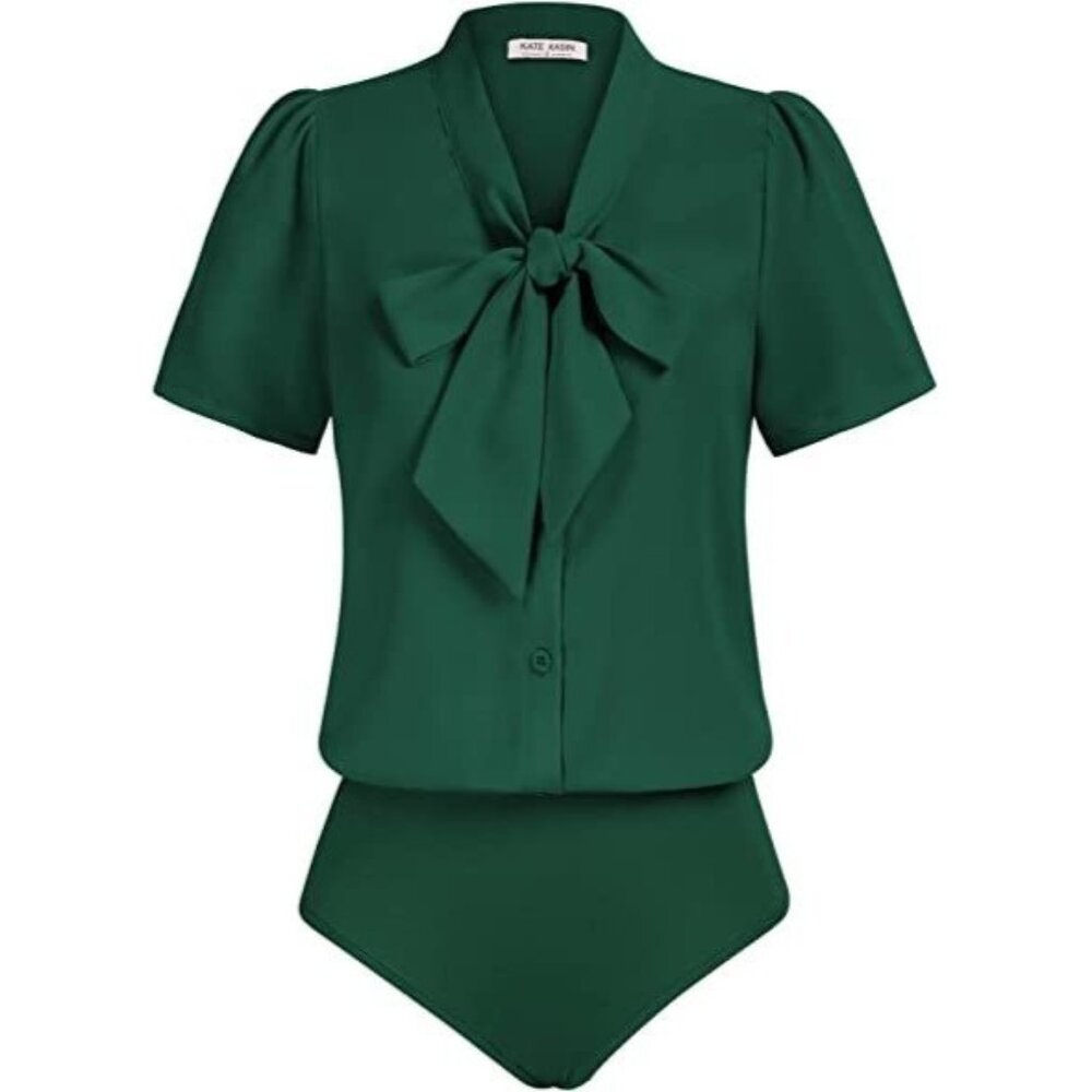 NWT Olive Green Dressy Button Down Office Blouse with Neck Bow Tie Bodysuit